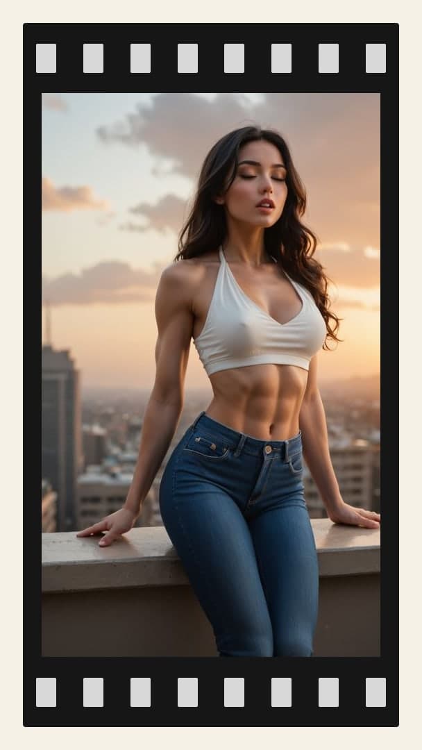 Young adult rooftop sunset pose