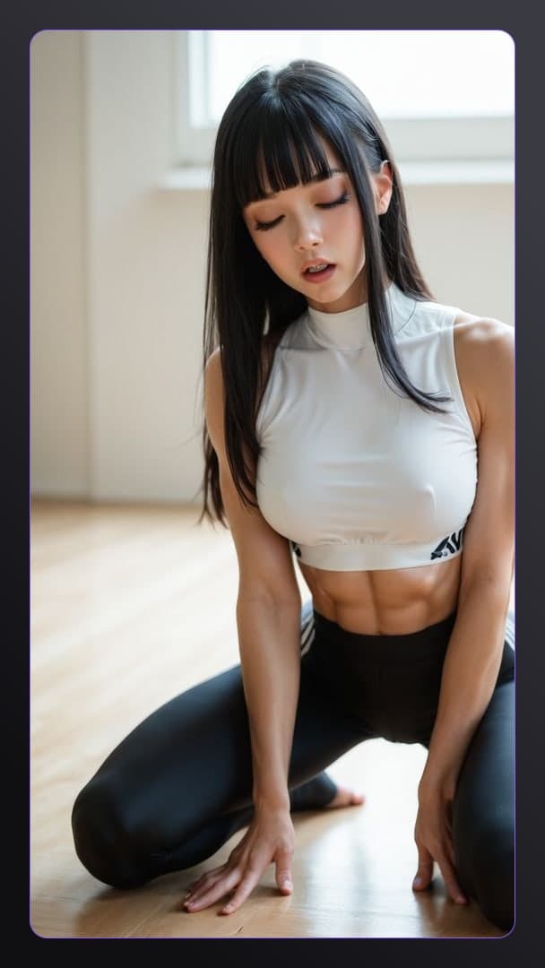 Raven hair athletic woman on floor