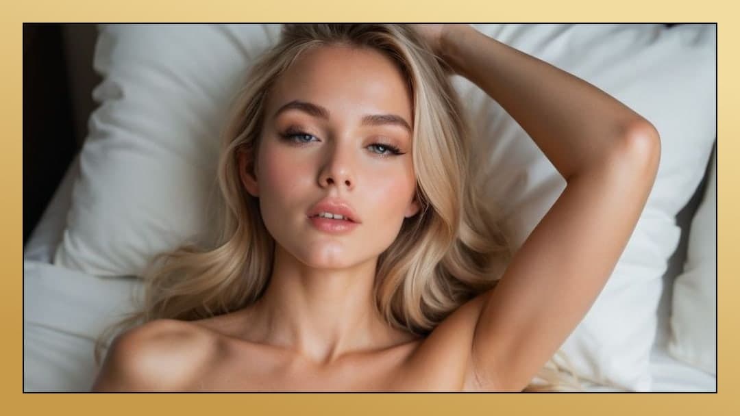 Petite blonde topless on white sheets
