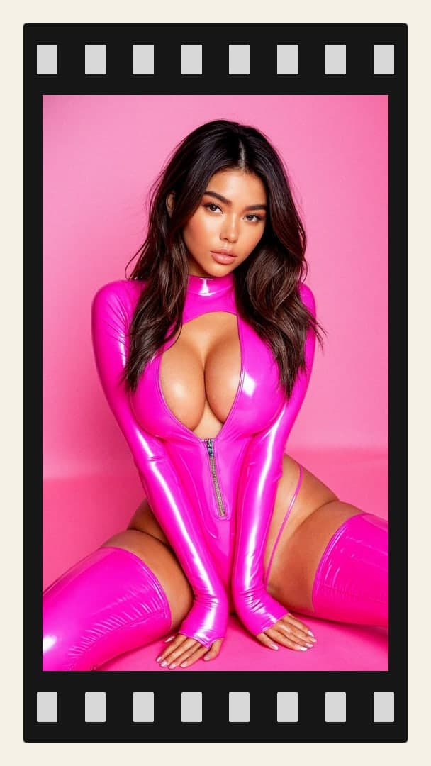 Latex catsuit cleavage on pink