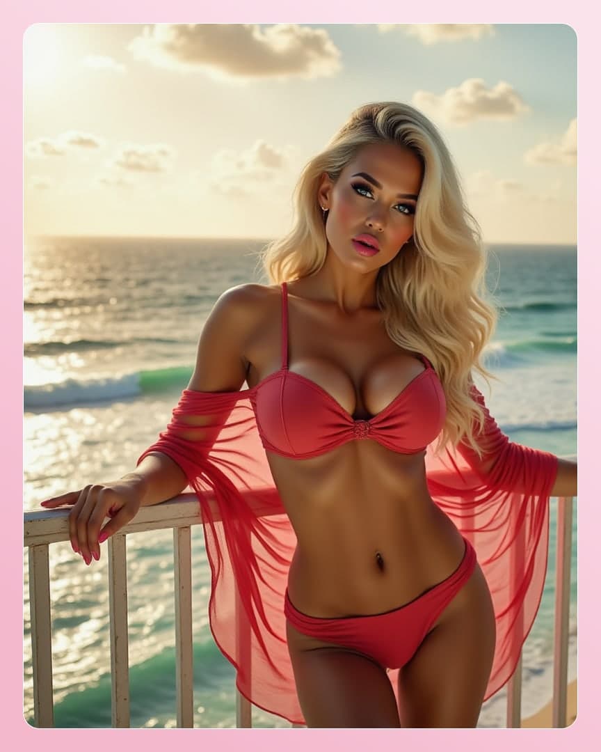 Young adult blonde balcony sunset