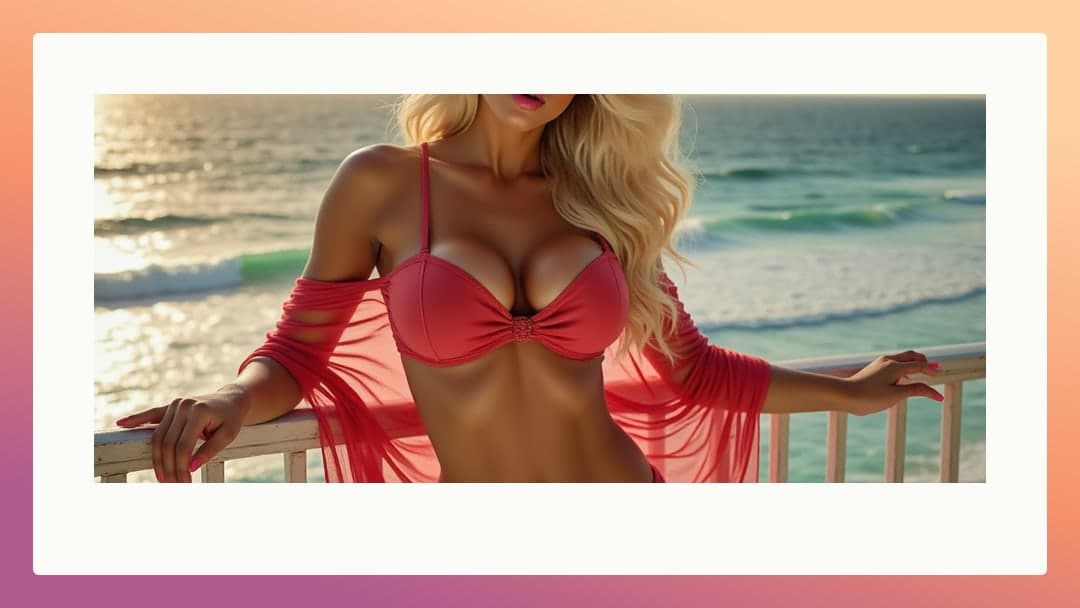 Blonde in red bikini on ocean balcony