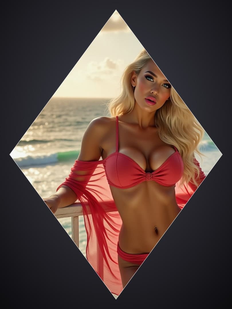 Red bikini on ocean balcony