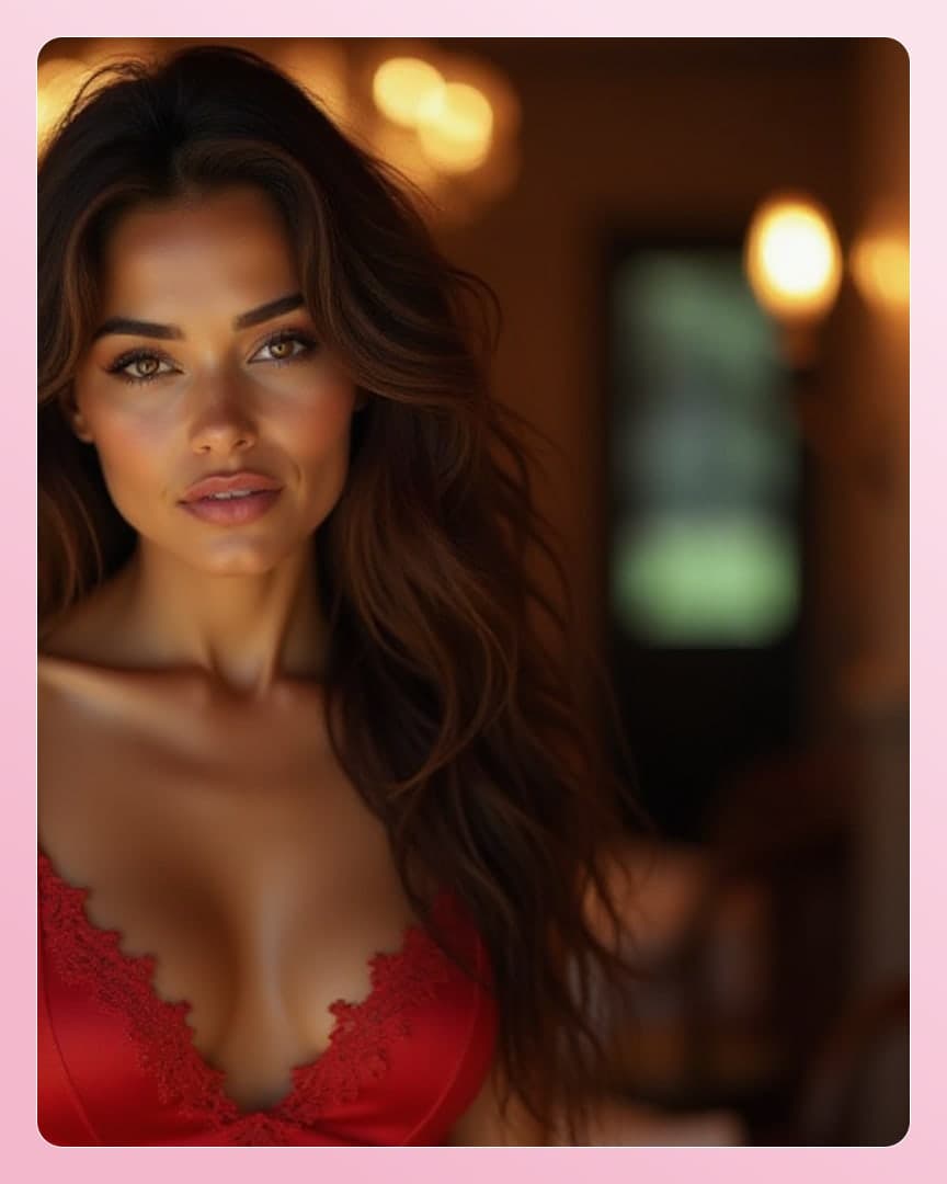 Red satin bra in warm bedroom