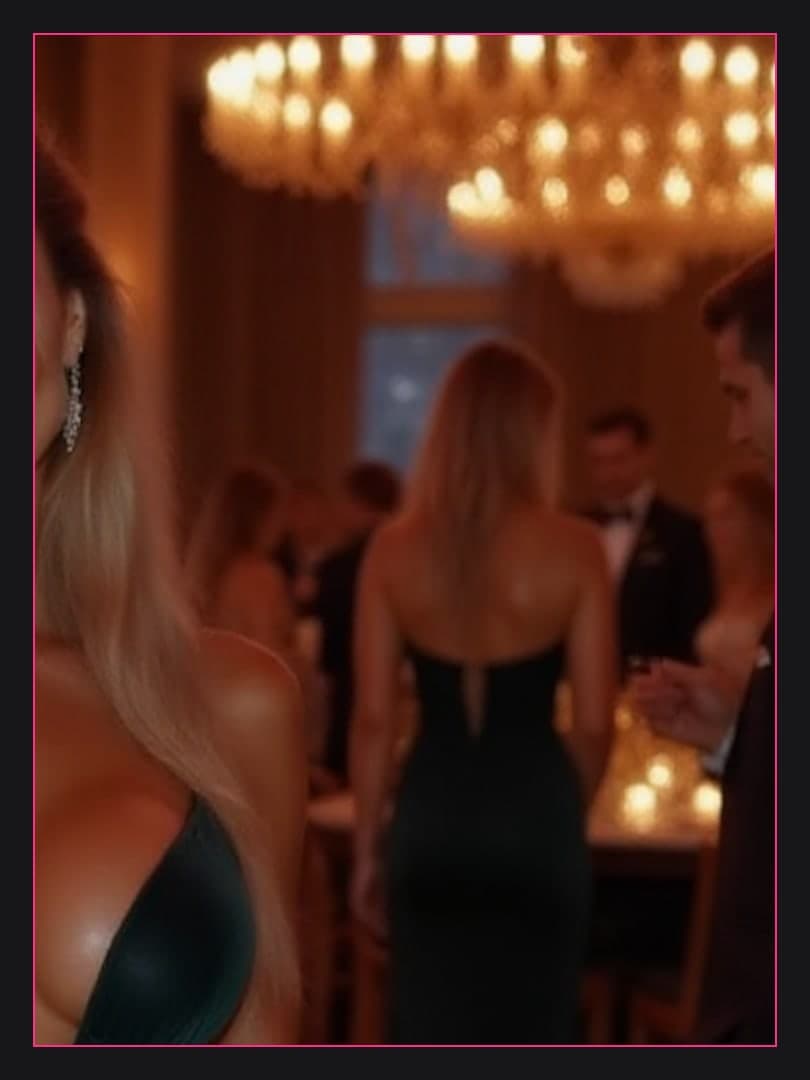 Blonde model in dark green dress