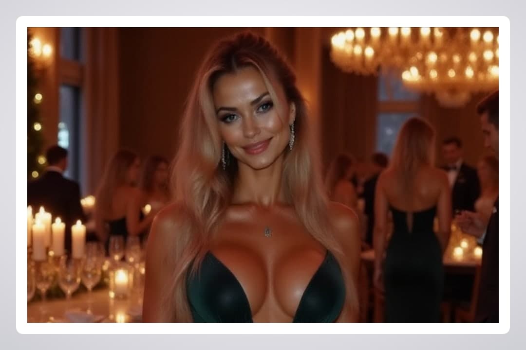 Curvy blonde cleavage in green dress