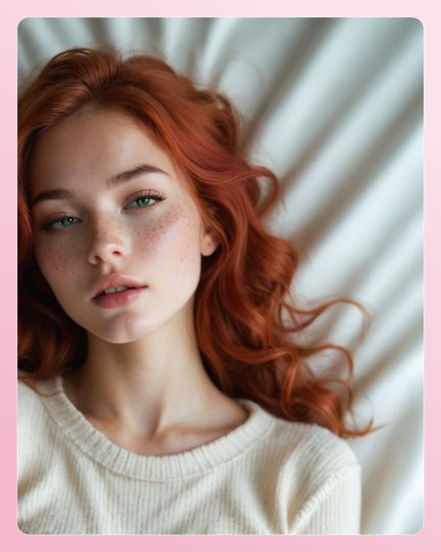 Redhead lying back on white sheets