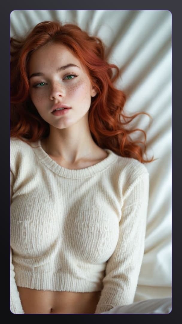 Redhead in cropped sweater on bed