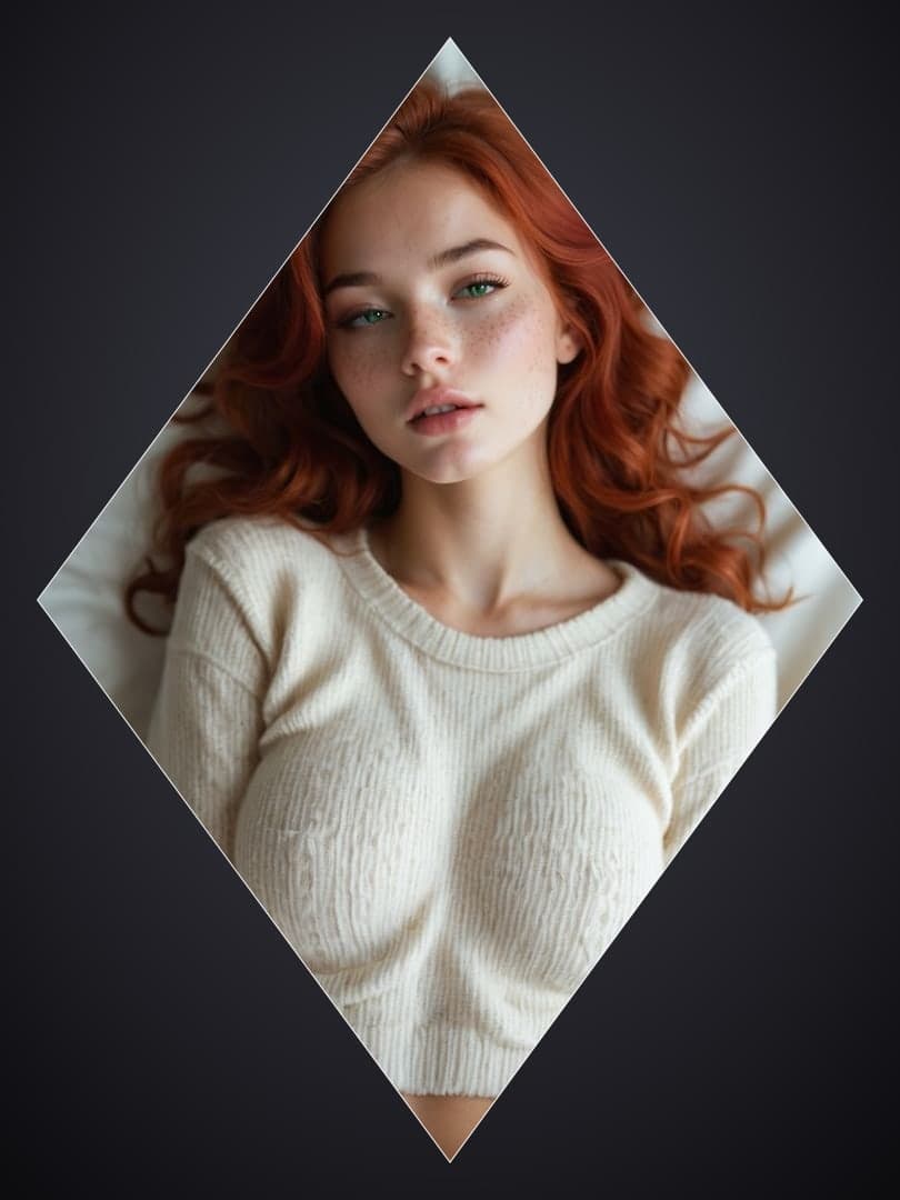 Redhead in cream sweater closeup