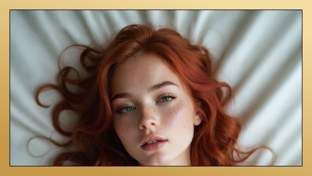 Redhead on white sheets closeup