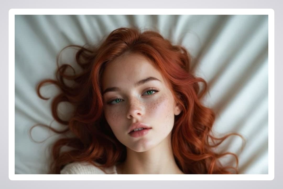 Redhead on white sheets close-up