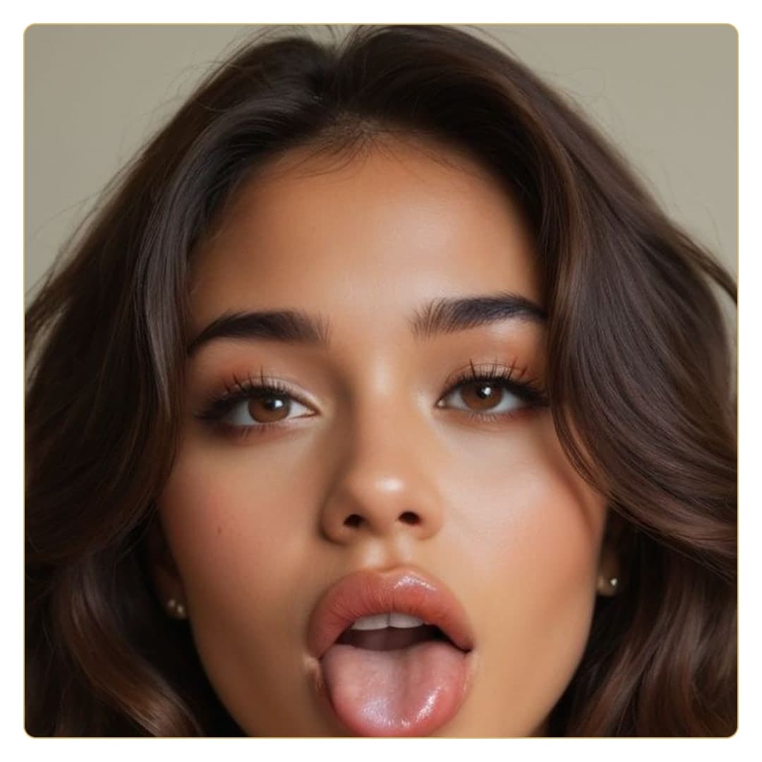 Curvy brunette close-up tongue out