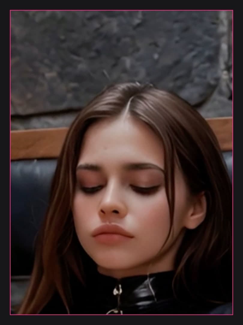 Young adult brunette glossy black zip top