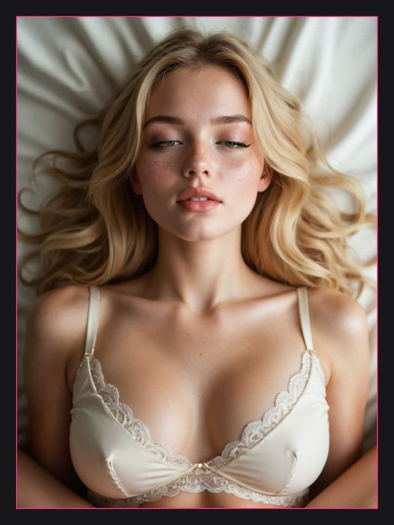 Blonde in cream satin bra selfie