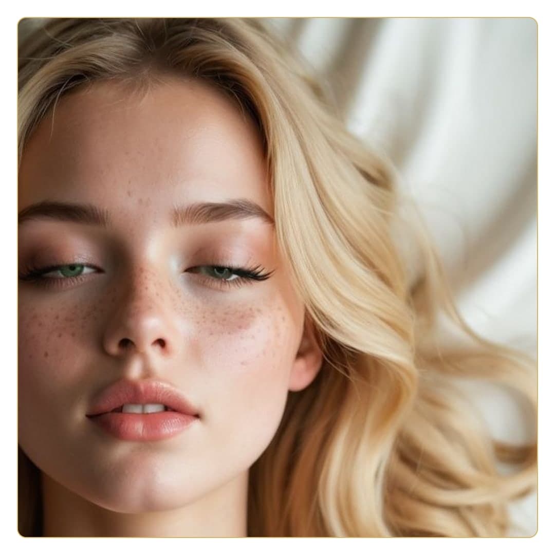 Freckled face close-up on sheets