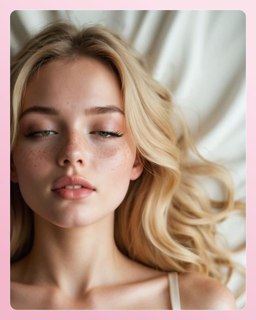 Blonde in bed with beige strap
