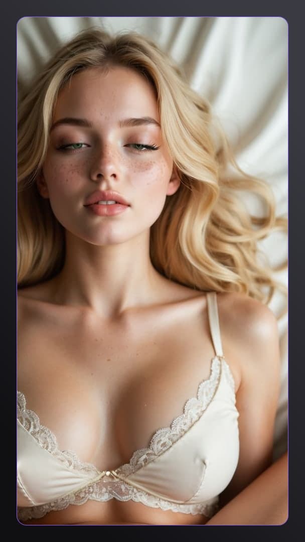 Young blonde in cream satin bra