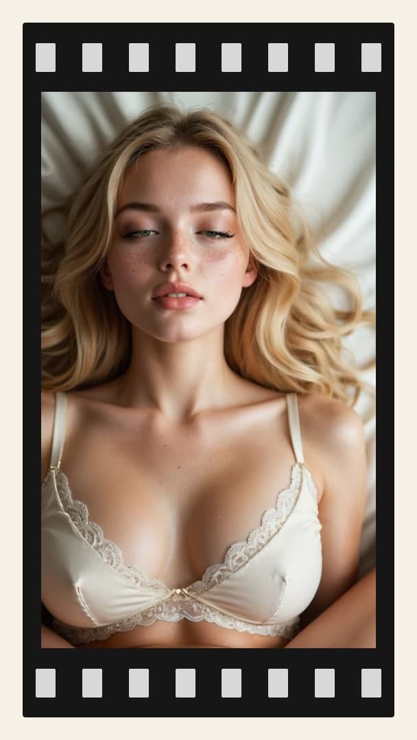 Blonde in cream satin bra on bed