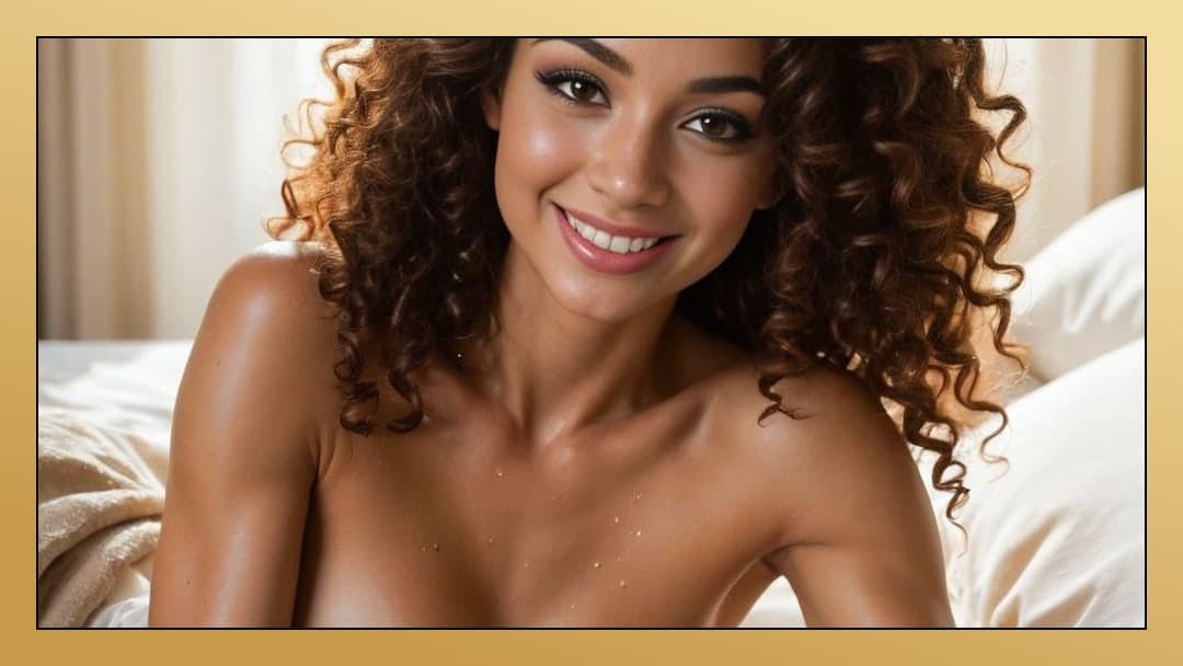 Topless on bed with glistening skin