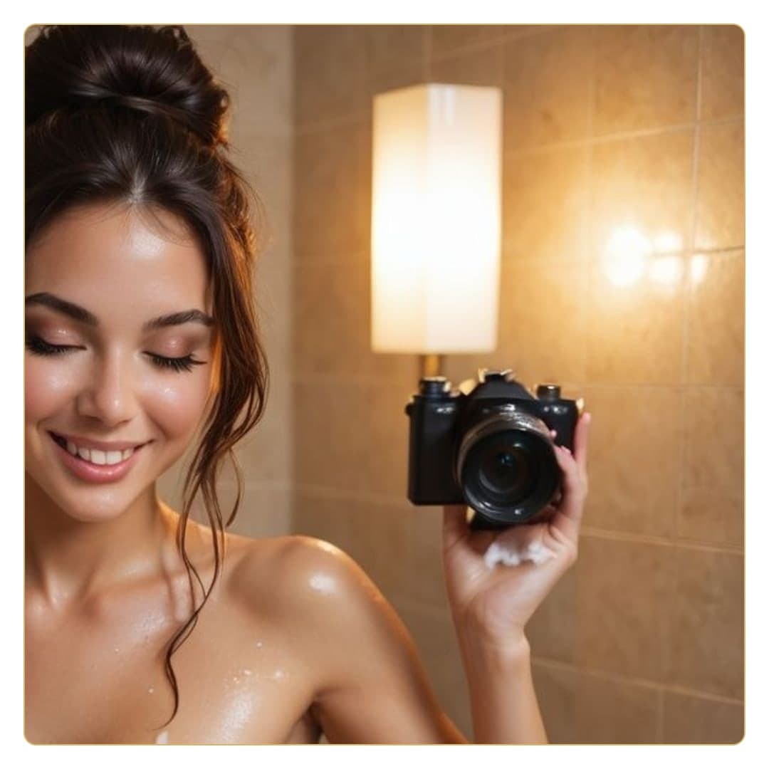 Topless selfie in tiled bathroom