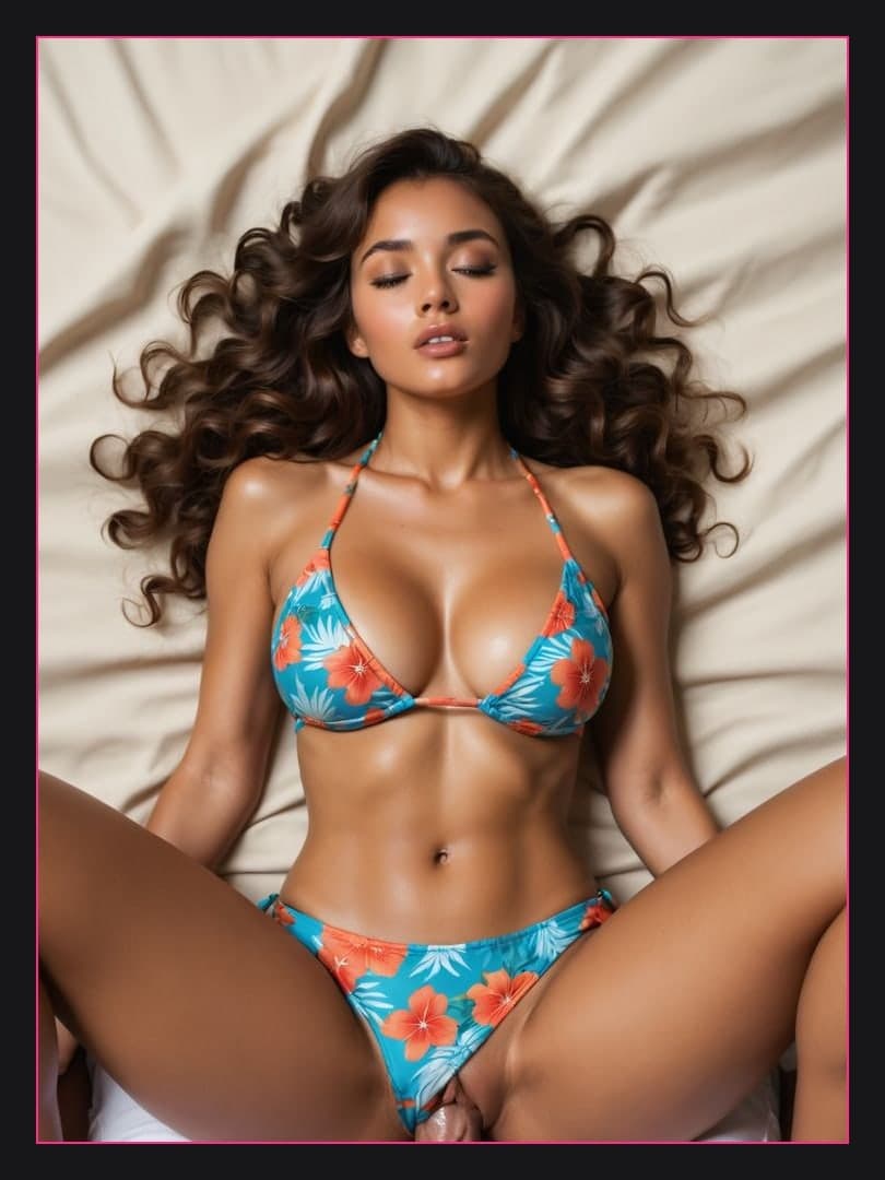 Young adult in floral bikini spread