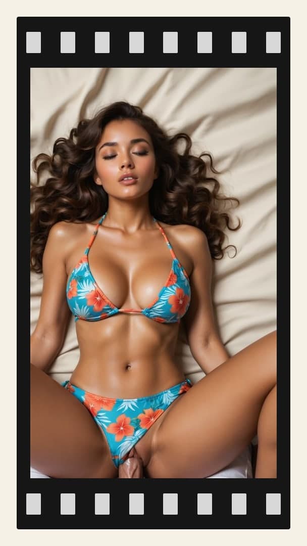 Floral bikini missionary on white sheets
