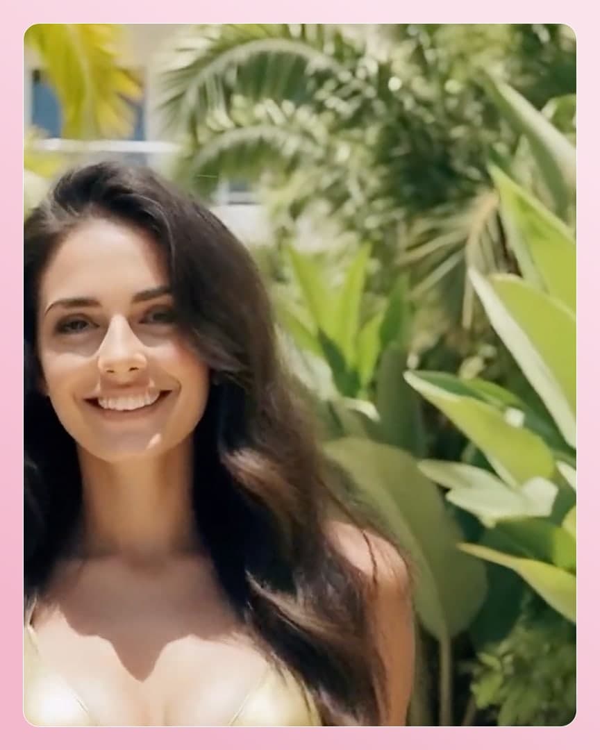 Long wavy brunette in gold bikini