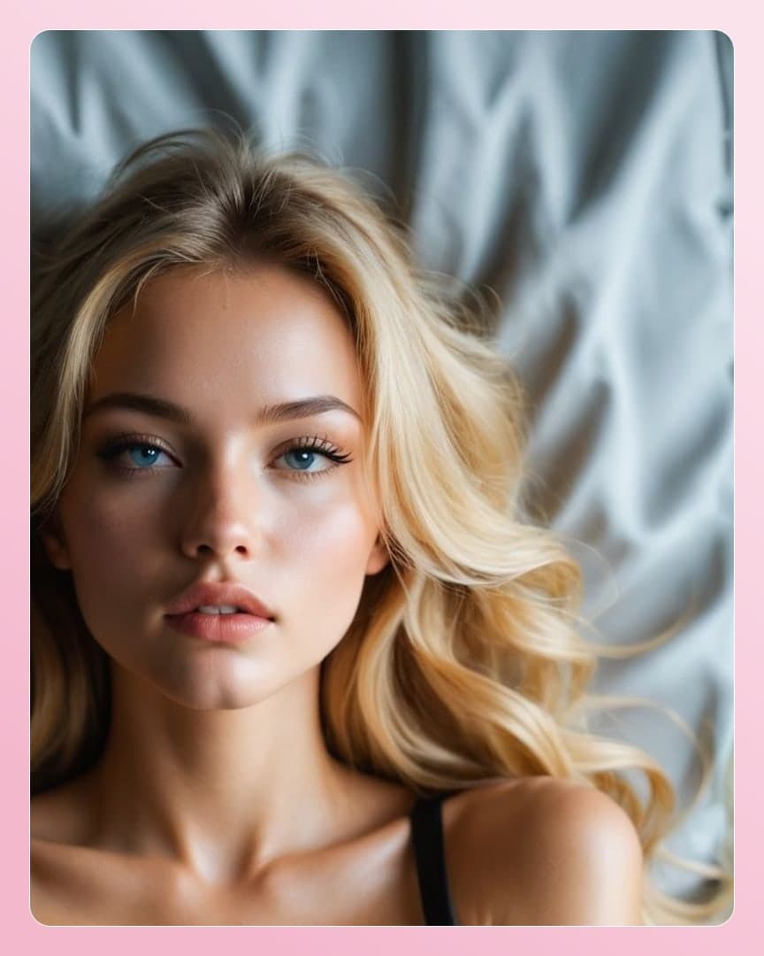 Blonde on gray sheets selfie