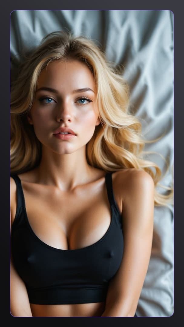 Blue eyed blonde on gray sheets