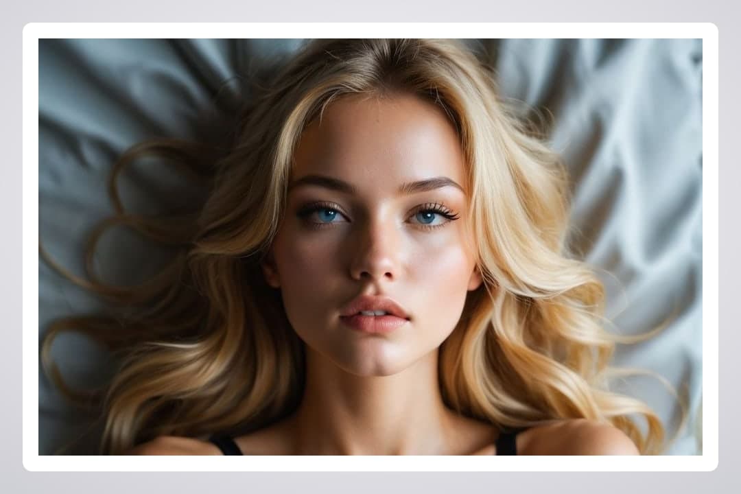 Blue eyed blonde on gray sheets