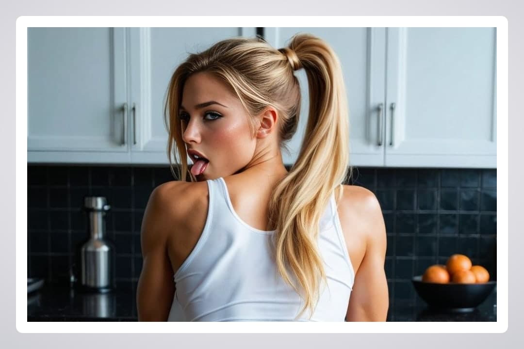 Blonde blue eyes tongue out kitchen