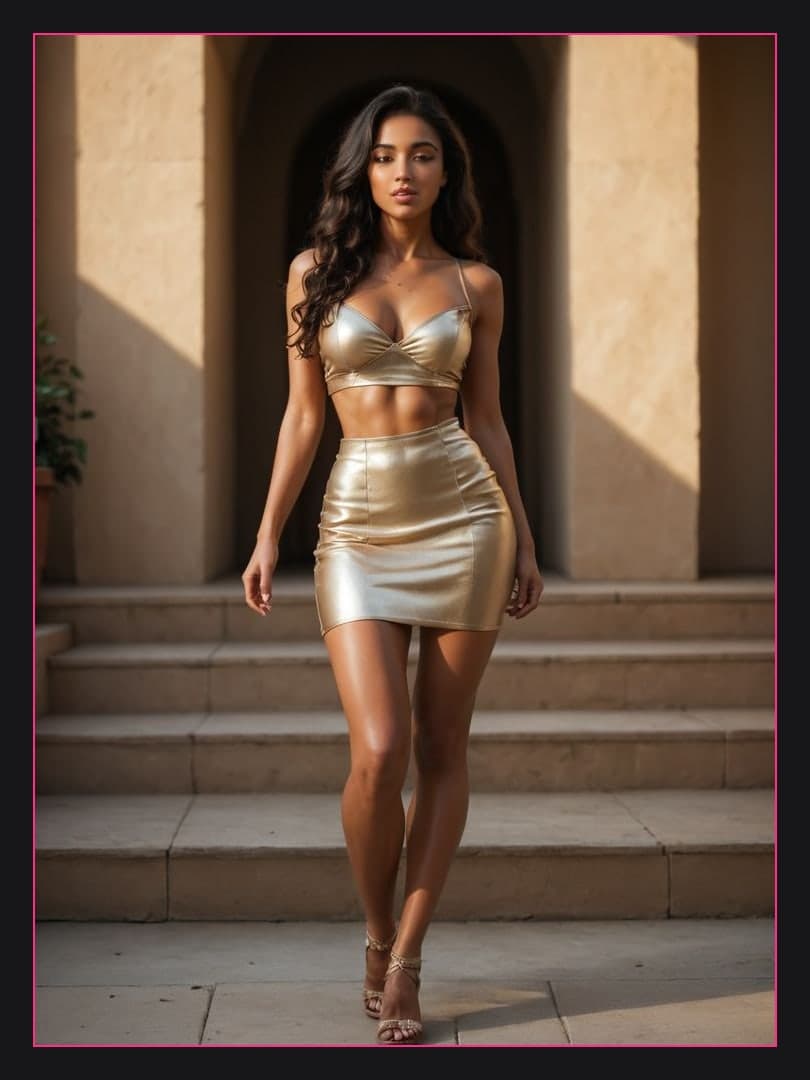 Gold crop top on stone steps