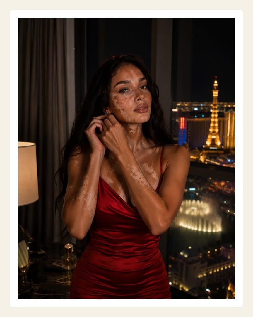 Brunette in red satin dress