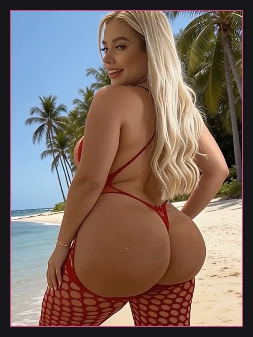 Beach rear view in red micro bikini