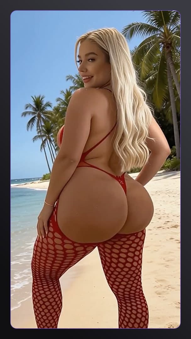 Red micro bikini beach over shoulder