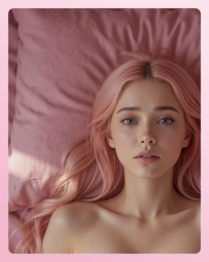 Topless on pink satin sheets
