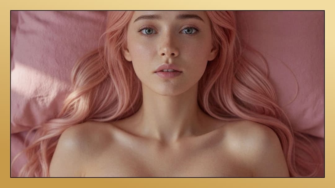 Young adult topless on pink sheets