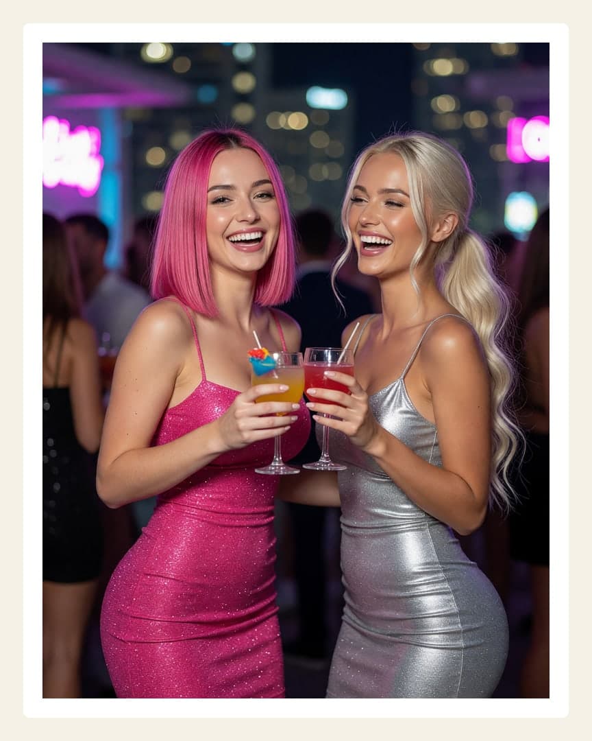 Curvy pink hair in sequin dress