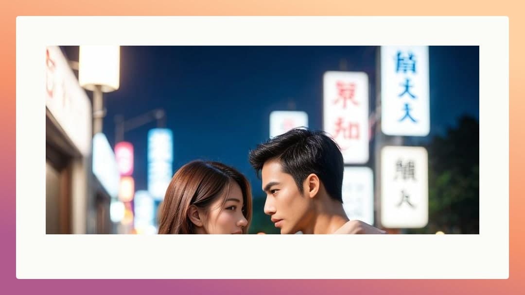 Brunette locks frame Tokyo night kiss