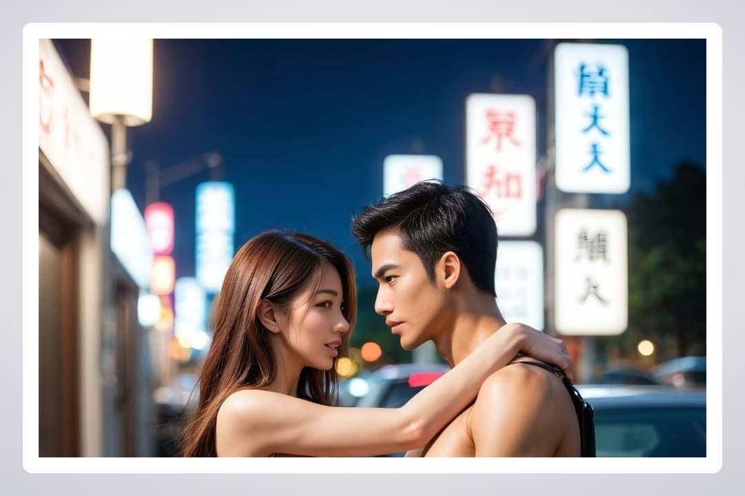 Neon street night embrace bare shoulders