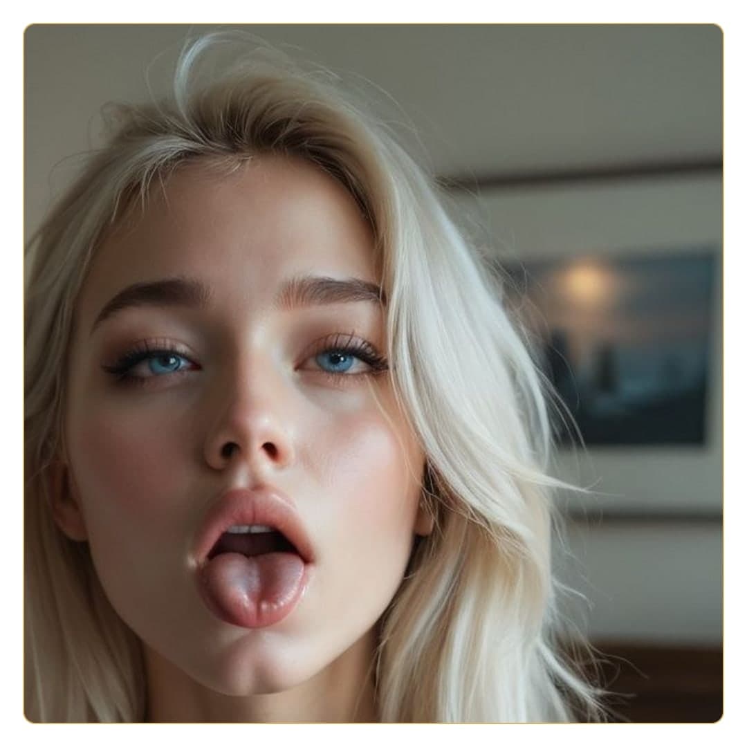 Close-up platinum blonde tongue out