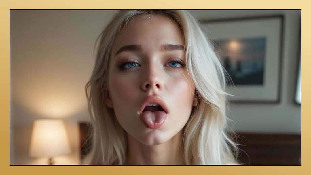 POV tongue out bedroom close up