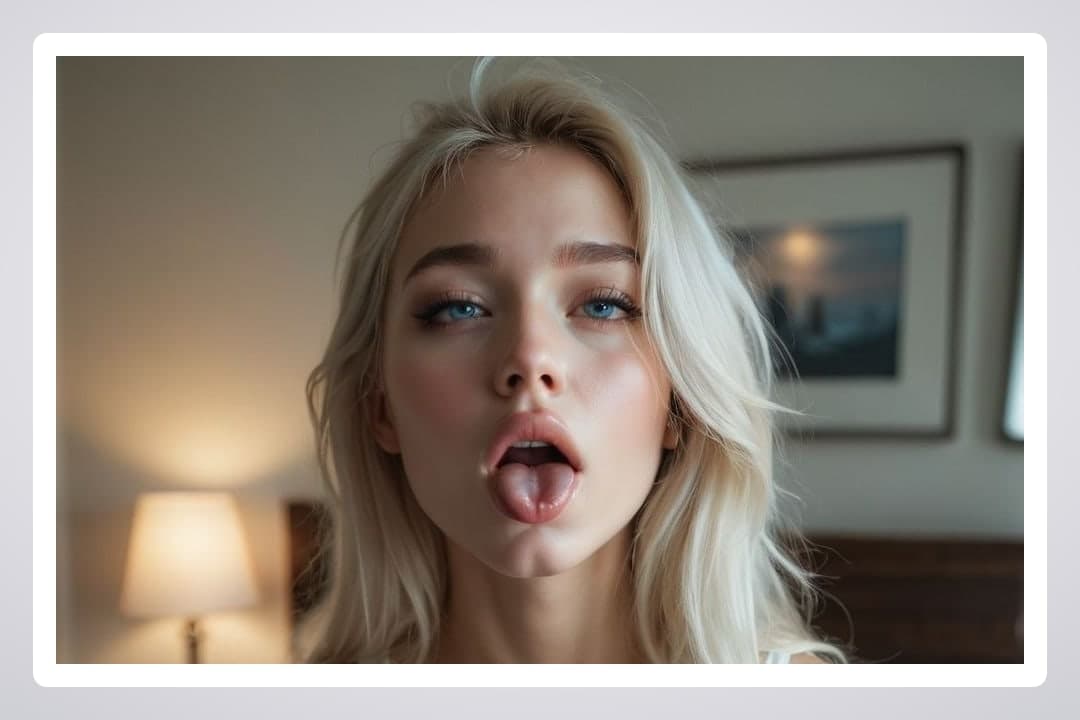 Ahegao tongue out bedroom selfie