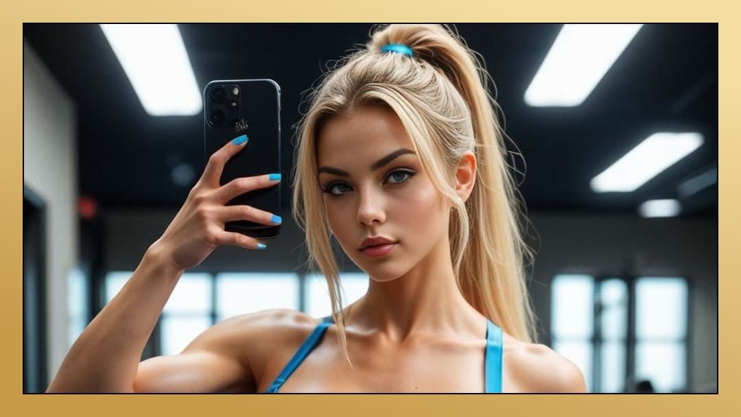 Gym selfie in blue sports bra