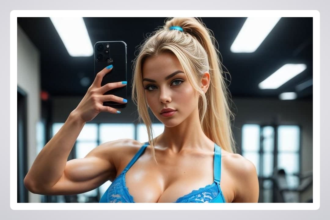 Busty blonde gym selfie in lace bra