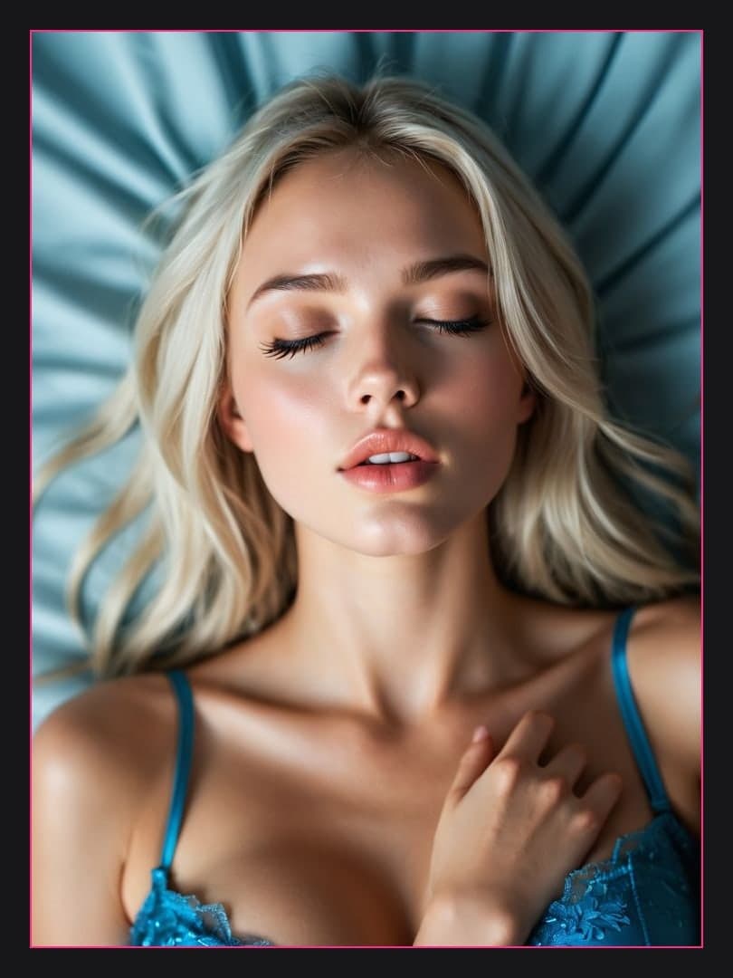 Busty blonde on teal satin