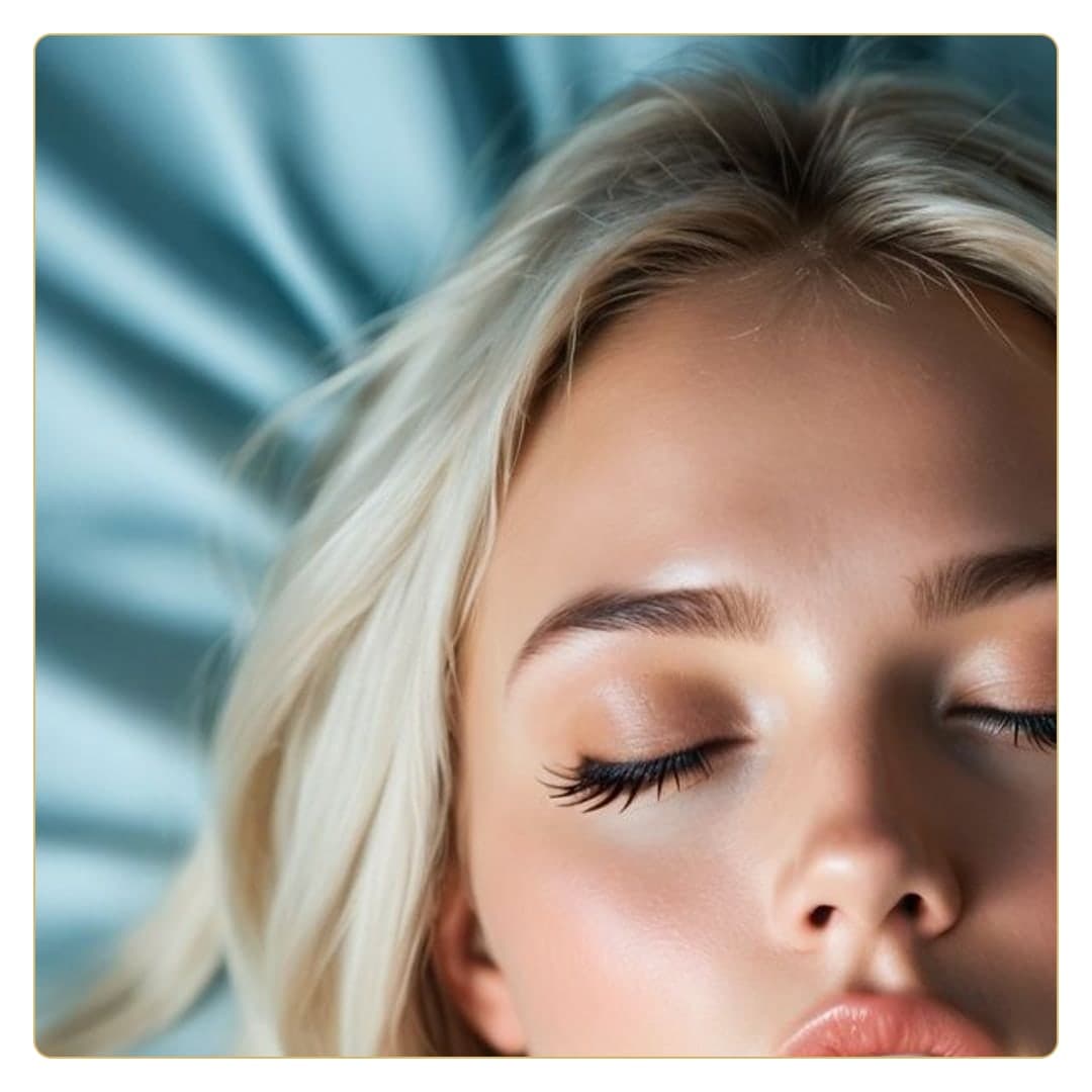 Platinum blonde close-up on blue satin