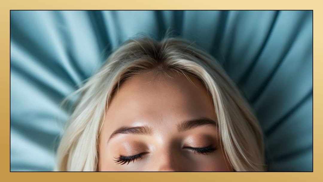 Blonde on blue satin eyes closed