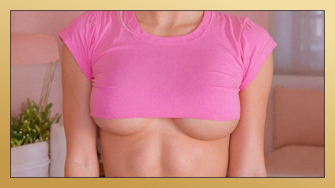 Pink crop top chest close up