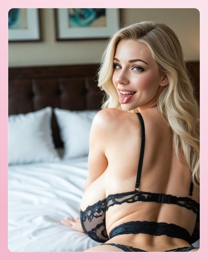 Blonde in black lace on bed